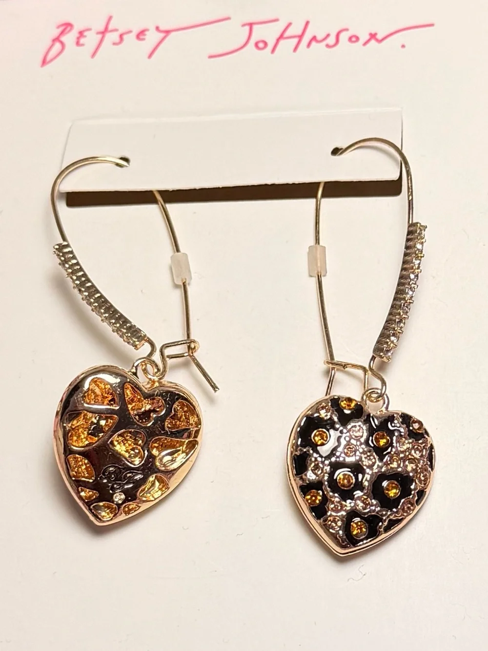 NWT Betsey Johnson Gold Heart Rhinestone Leopard-Print Drop Earrings
